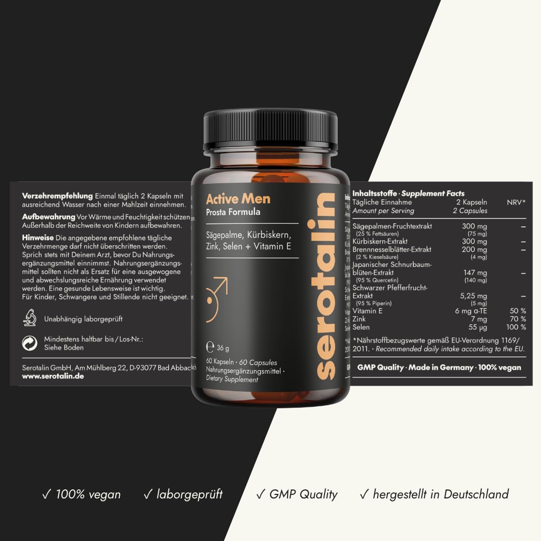 serotalin Active Men Prosta Formula - Prostata Komplex Kapseln für Männer – Mit Sägepalme, Kürbiskernextrakt & Brennnesselblätter - Vegan & Made in Germany - 60 Stück