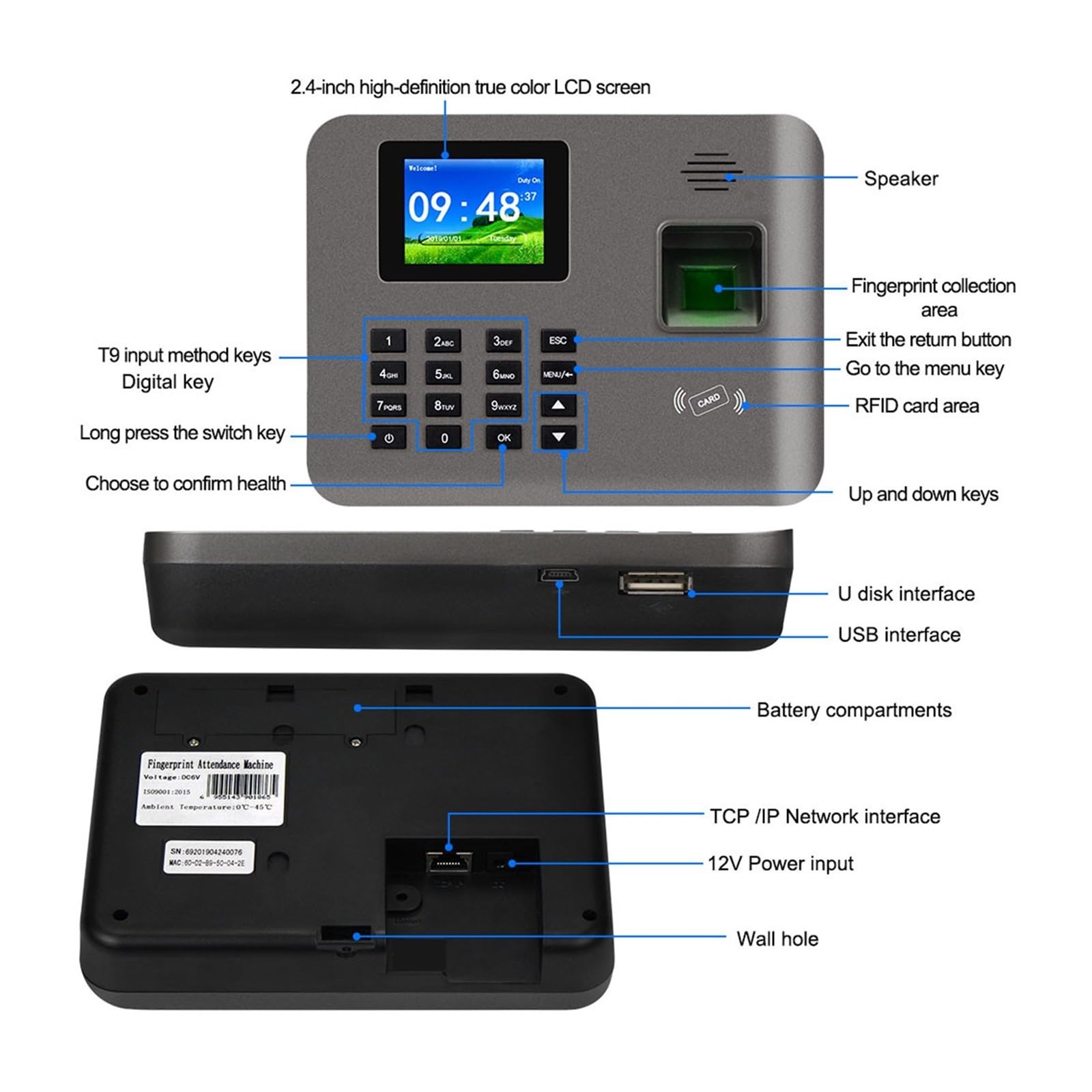 Maszyna do pomiaru czasu 2,4-calowa biometryczna maszyna do rejestracji czasu pracy na podstawie odcisków palców Karta RFID TCP/IP/USB Oprogramowanie urządzenia do meldowania/wymeldowania pracowników