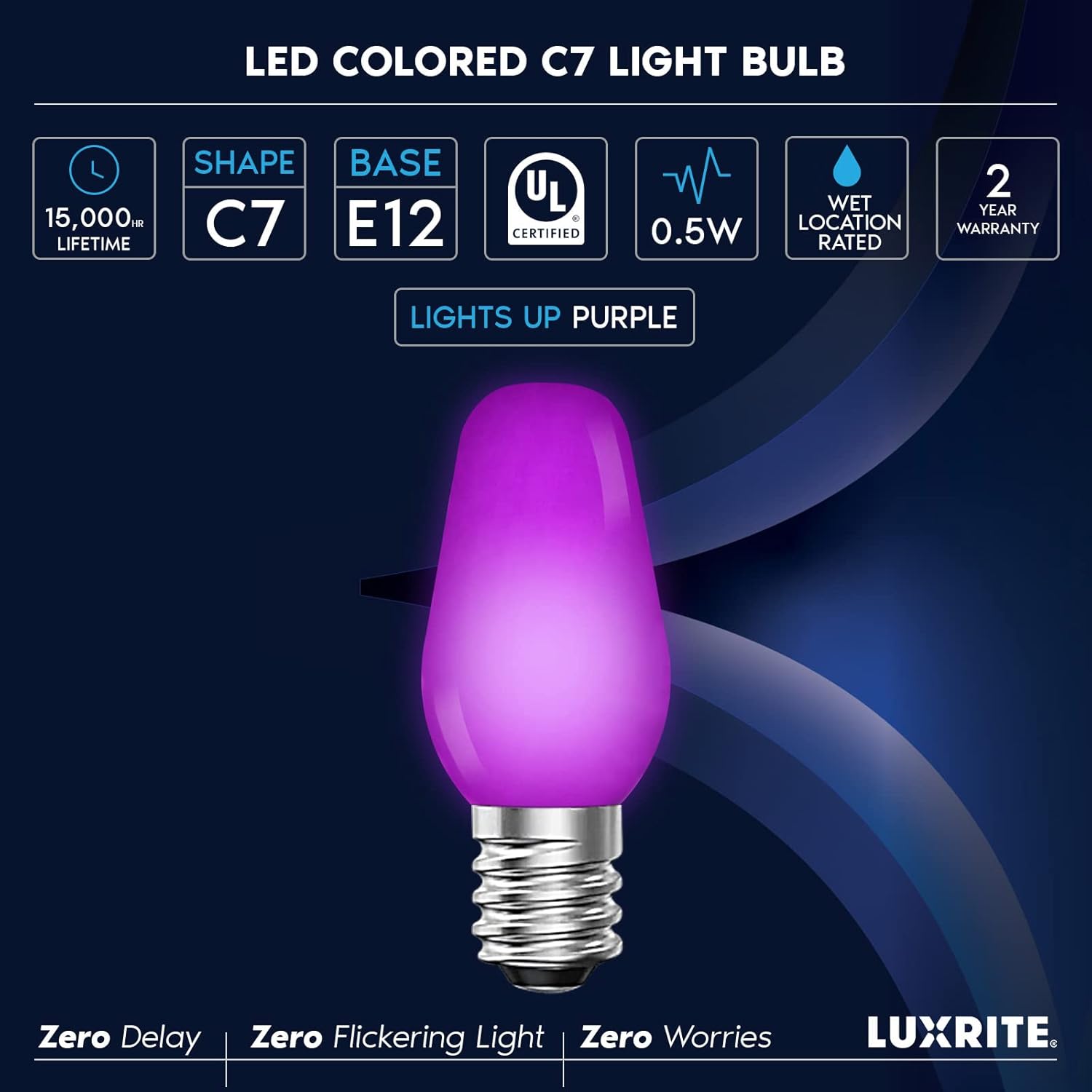 LUXRITE C7 LED Purple Replacement Light Bulbs for String Lights, 0.5W, Shatterproof Colored Candelabra Bulb, Enclosed Fixture Rated, UL, E12 Base, Indoor Outdoor, Halloween, Holiday, Party (6 Pack)