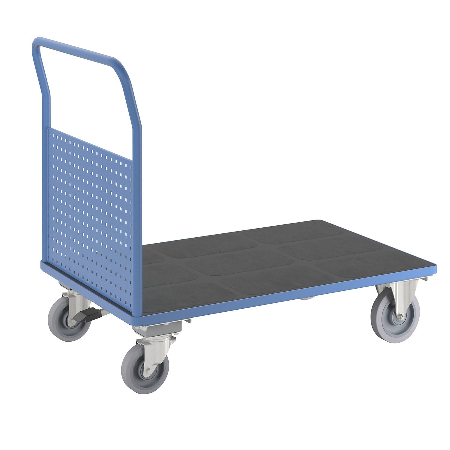 eurokraft pro | Plattformwagen | Mit 1 hohen Lochblechwand, LxB 1250 x 800 mm, mit Zentralstopp, Vollelastik