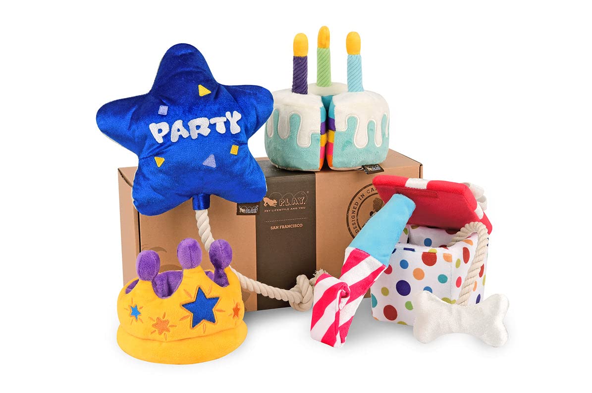 P L A Y Cute Plush Dog Toys - Birthday Party Celebration Themed Durable Squeaker Chew Toys for