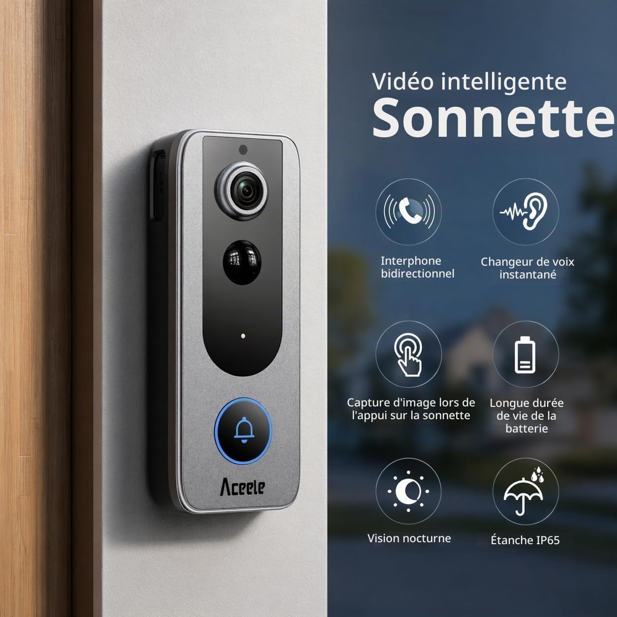 Aceele Sonnette Vidéo Intelligente sans Fil - WiFi 2.4GHZ, Vision Nocturne HDR, Détection Mouvement PIR, Étanche IP65, Autonomie 180 Jours, Interphone Bidirectionnel