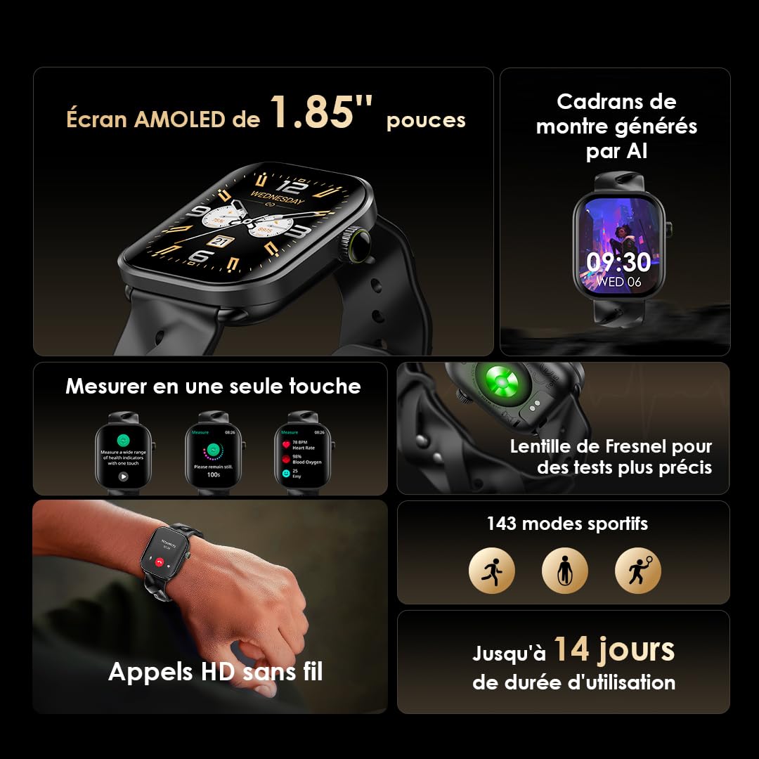 Oraimo Montre Connectée Écran AMOLED 60Hz 1,85" Appel Bluetooth HD Smartwatch Homme Femme Sport 143 Modes Étanche IP68 Autonomie 14 Jours Cardio SpO2 Podomètre Notifications SMS Message Android iOS