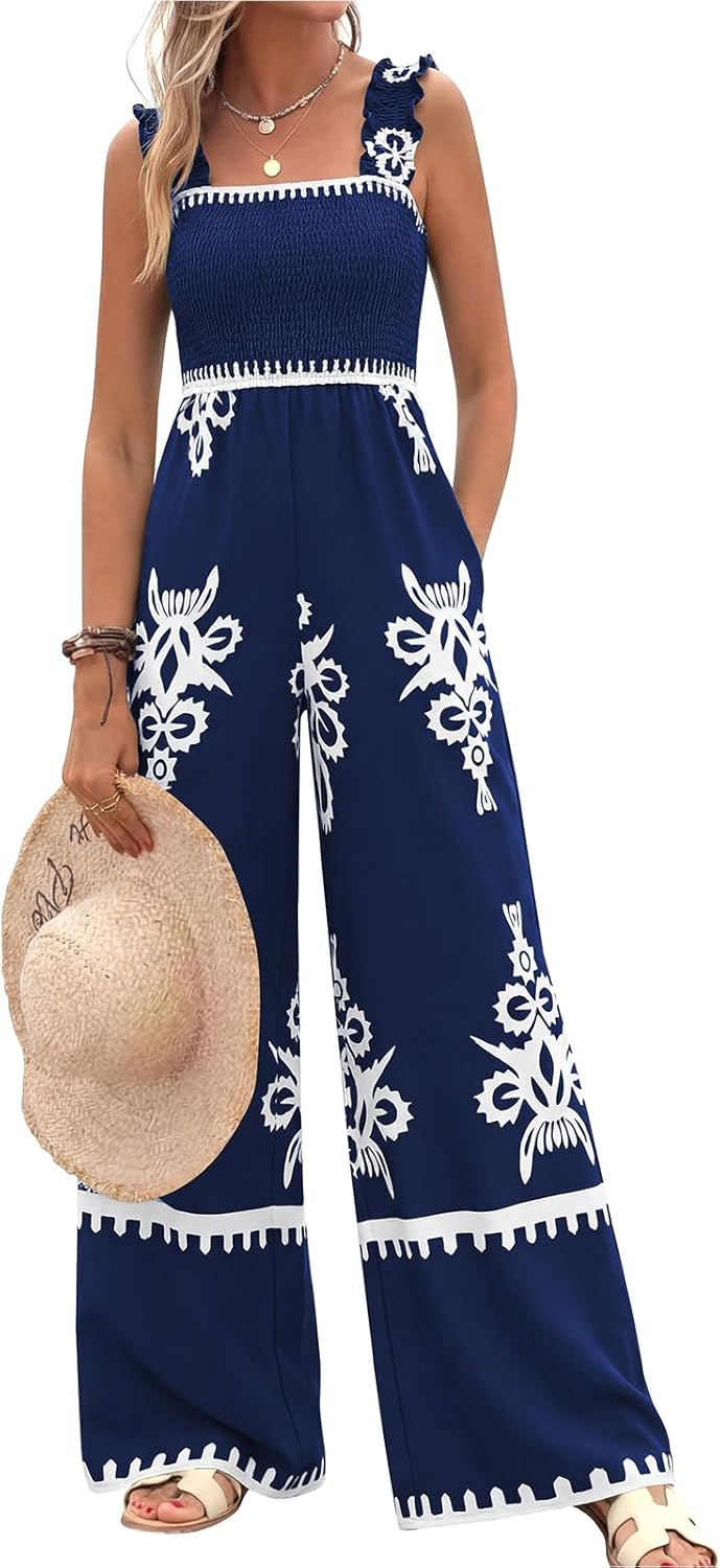 PRETTYGARDEN Womens Jumpsuit Casual One Piece Boho Summer Outfits Shirred Strap Wide Leg Long Pants Rompers With Pockets - Image 5