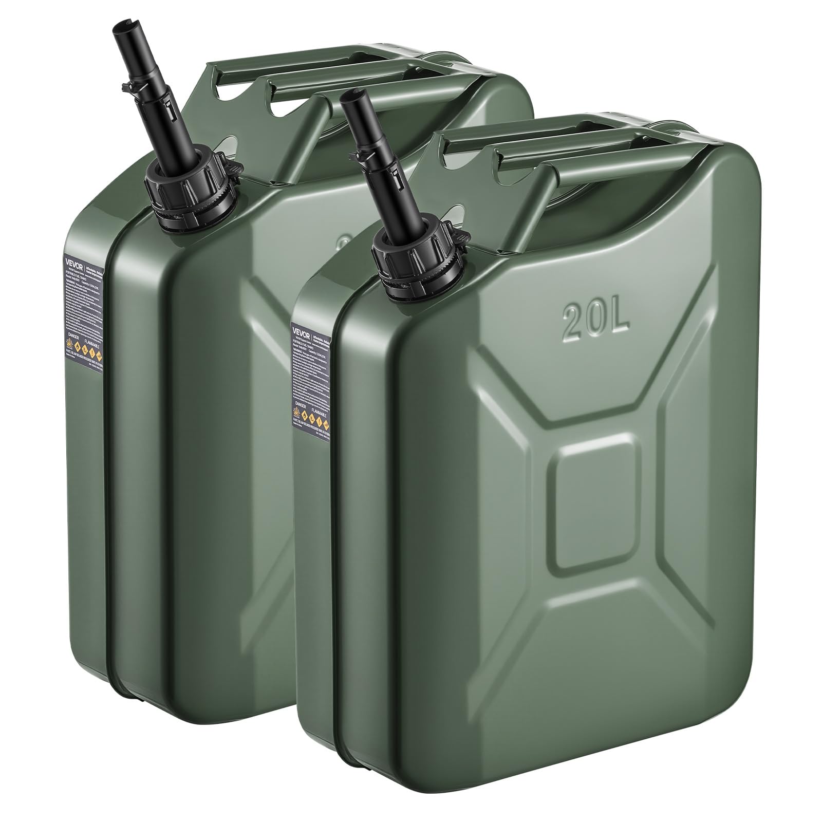 VEVOR Bidón de Gasolina de 20 L, Tanque de Combustible de Metal y PP con Pico y Asa, Caudal Máximo de 6 L/min, a Prueba de Fugas, para la Mayoría de Autos, Motocicletas, ATV, UTV, Verde, 2 Piezas
