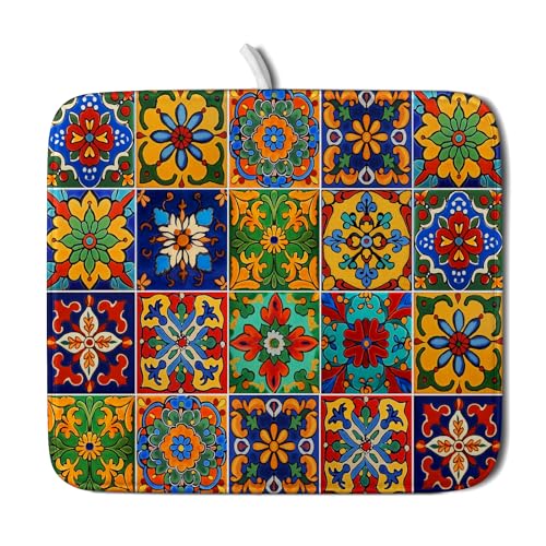 Mexican Tiles Dish Drying Mat for Kitchen Counter Absorbent Microfiber Dish Drying Pad Kitchen Gadgets Multi-use