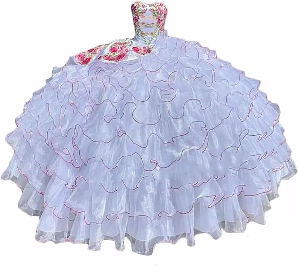 Dydsz Women's Red Flower Quinceanera Dresses Mexican Style Ruffles Ball Gown Prom Dress