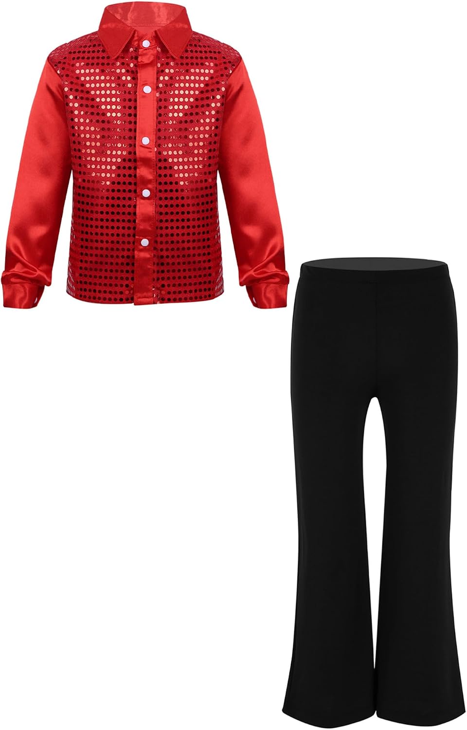 TiaoBug Kids Boys Sparkle Long Sleeve Button-Down Shirt Blouse Disco Choir Latin Jazz Dance Tops with Flared Pants Set