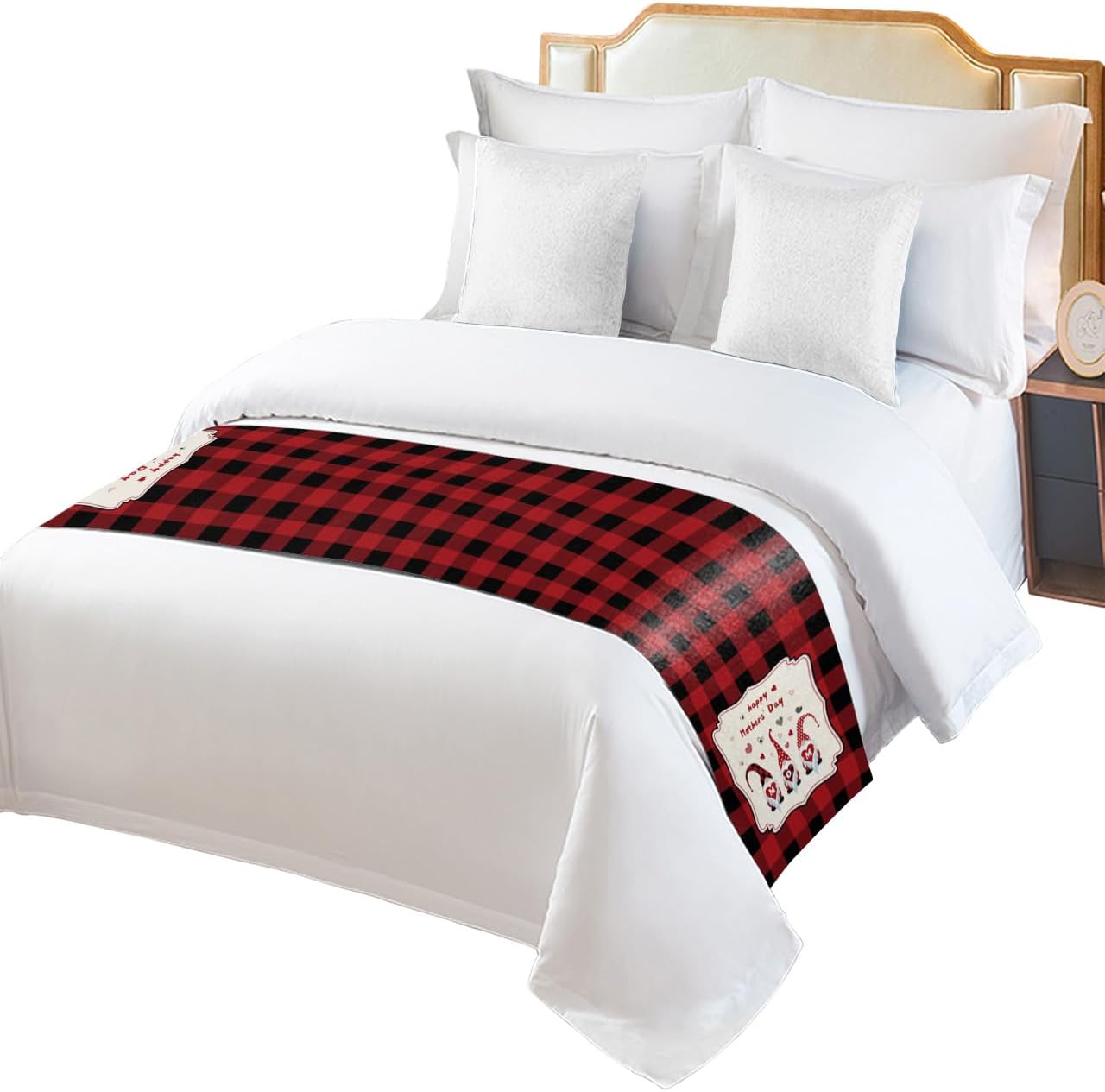 Smile Sunflower Bed Runner Scarf Happy Mother's Day Dwarf with Heart Red Plaid Bedding Scarf Decorative Bed Runners Cover for Home Bedroom Hotel Wedding Room Bed Scarf for Foot of Bed King 102x20in