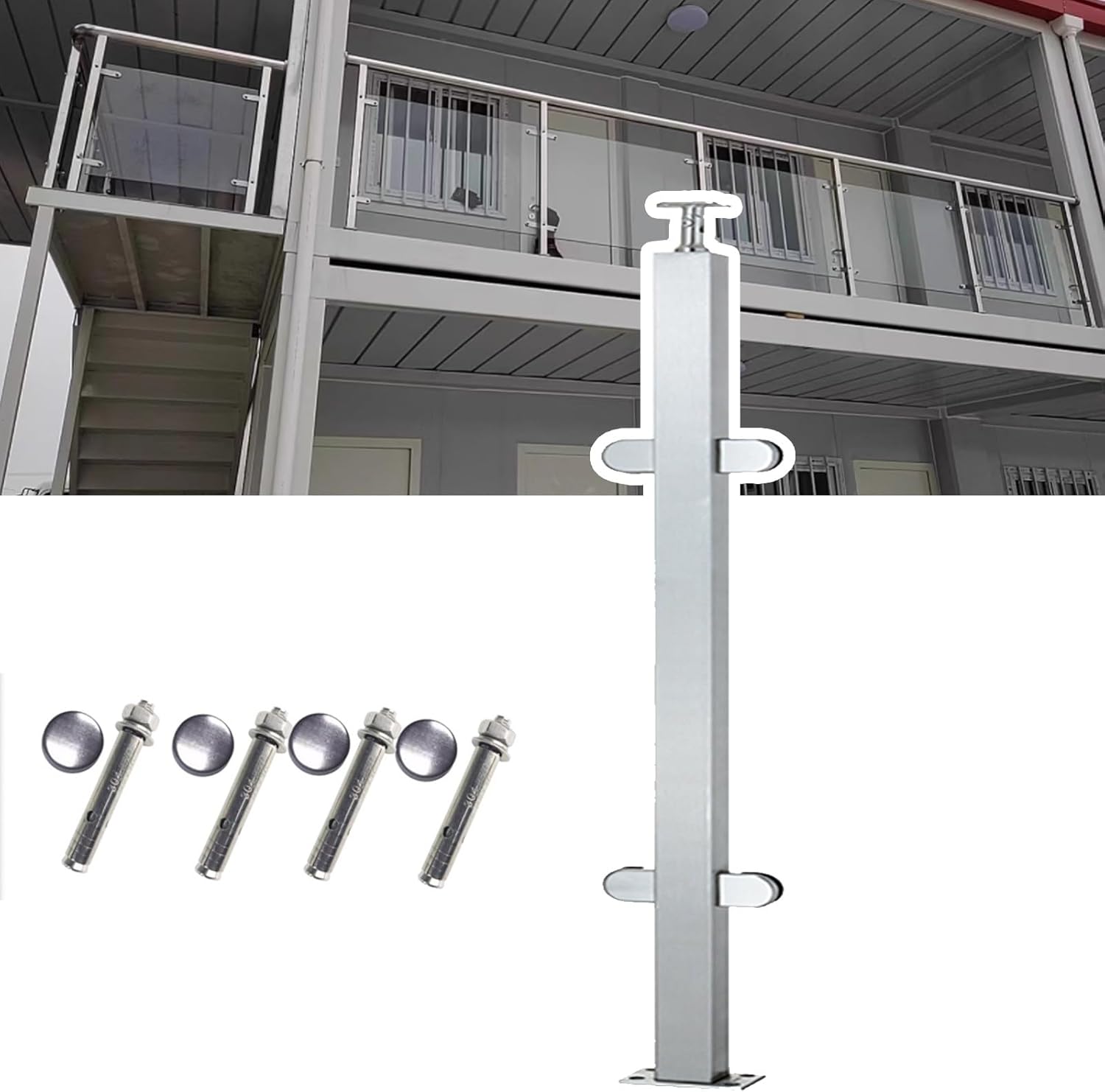 Stylish Indoor Glass Railing Post, 60-145cm Tall Stainless Steel Balustrade with Clamps for Hallways & Stairs, End/Mid/Corner Post in Shallow Grey, H95cm/37