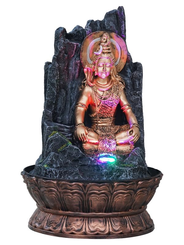Image of Golden and Grey Polyresin Tabletop Lord Shiva Rock Finish Indoor Waterfall Fountain for Home Decor with Multicolour LED & Speed Control Pump (Size: 27 x 27 x 43CM | Weight: 2060Gram)