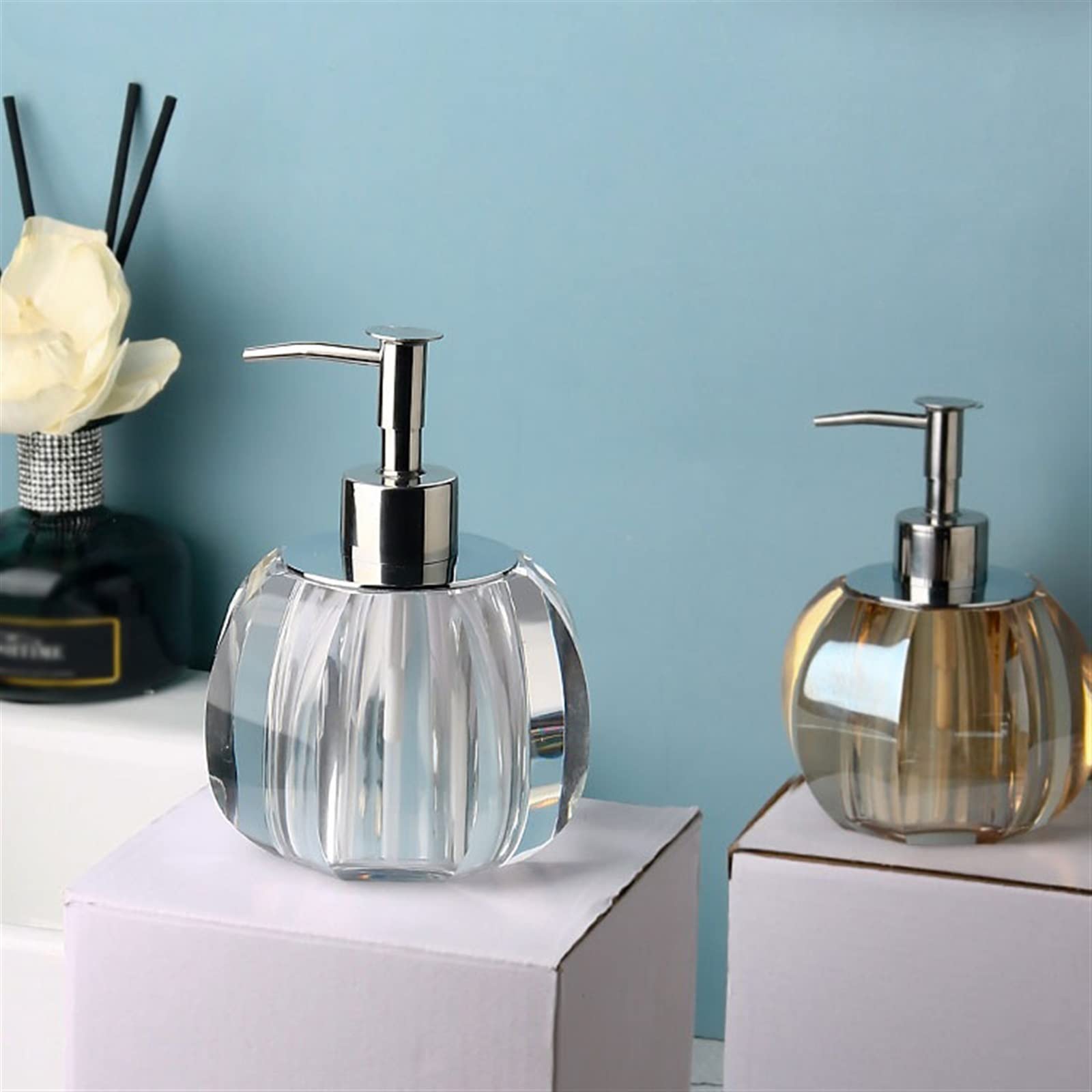 Dispensador de Ducha de Cristal Mecanismo de pulsación, Apto para champú en Gel y jabón líquido para hoteles y restaurantes (Color: Dorado).
