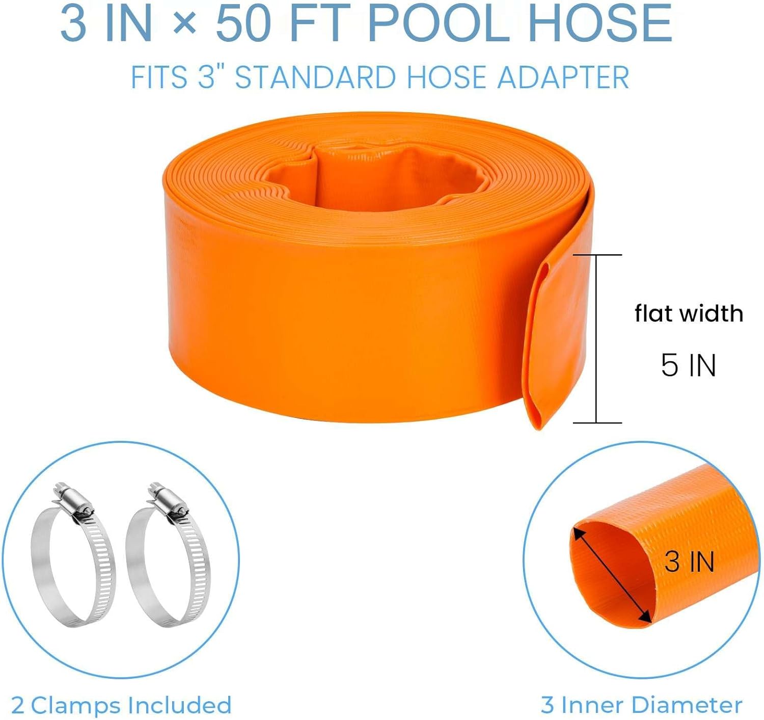 LINEX Pool Backwash Hose 3" x 50 FT - Heavy Duty Pool Pump PVC Hose for Sump Pump Discharge & Sand Filter Drainage, Water Transfer Flat Hose with Clamp (Orange)