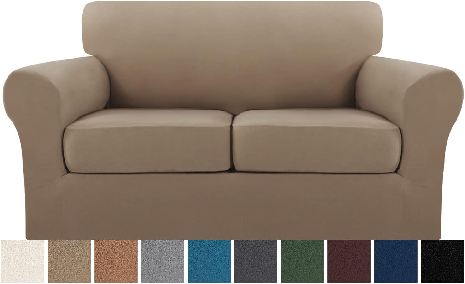 PrinceDeco Couch Covers for 2 Cushion Couch Sofa - High Stretch Luxury 3 Pieces Sofa Slipcovers with Elastic Bottom loveseat Cushion Cover, Warm Sand, 2 Cushion Loveseat