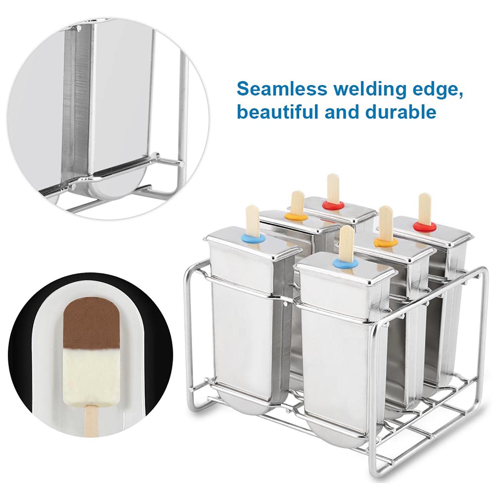 Luocute Molde para Helado de Acero Inoxidable, 6 Cavidades para Paletas | DIY Ice Pop Mold with Seamless Welding, Smooth Edges, Soft Seals, for Home and Commercial Use