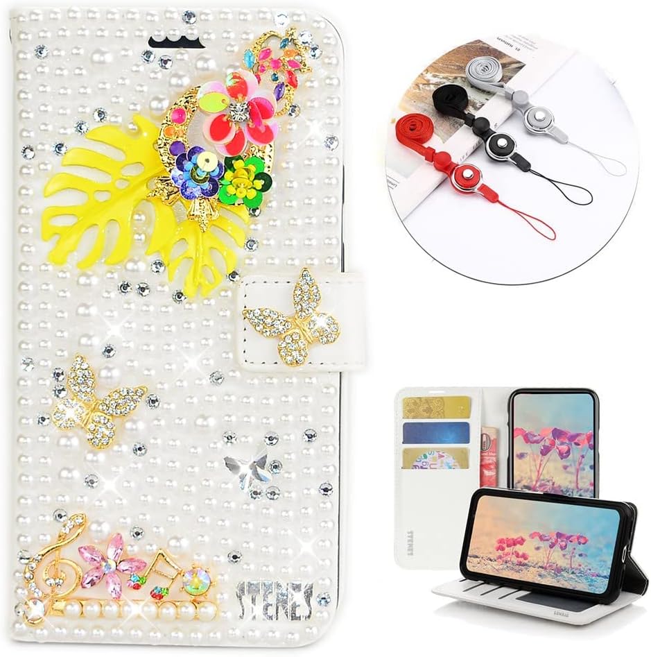 STENES Bling Wallet Phone Case Compatible with iPhone 14 Pro Max - Stylish - 3D Handmade Flower Leaf Butterfly Music Glitter Magnetic Leather Cover with Neck Strap Lanyard [3 Pack] - White