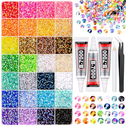 34000Pcs Resin Rhinestones for Bedazzling Kit, Mixed-Color 3mm Bedazzled Crystal with 3Pcs 10ml B7000 Jewelry Glue, Flatback Gems for DIY Crafts Clothing Nail Art Makeup