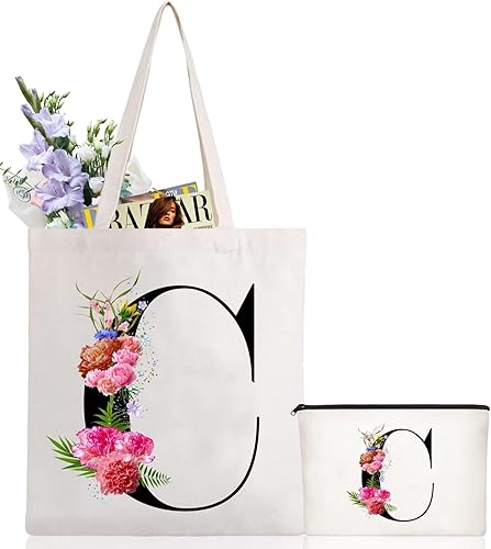 Miniatura 1 de Andeiltech - Bolsa de lona con inicial floral, personalizada, bolsa de maquillaje con monograma, regalo para damas de honor, cumpleaños, boda
