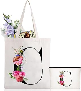 Andeiltech Initial Canvas Tote Bag Floral Letter Personalized Makeup Bag Monogrammed Gift for Bridesmaids Birthday Wedding