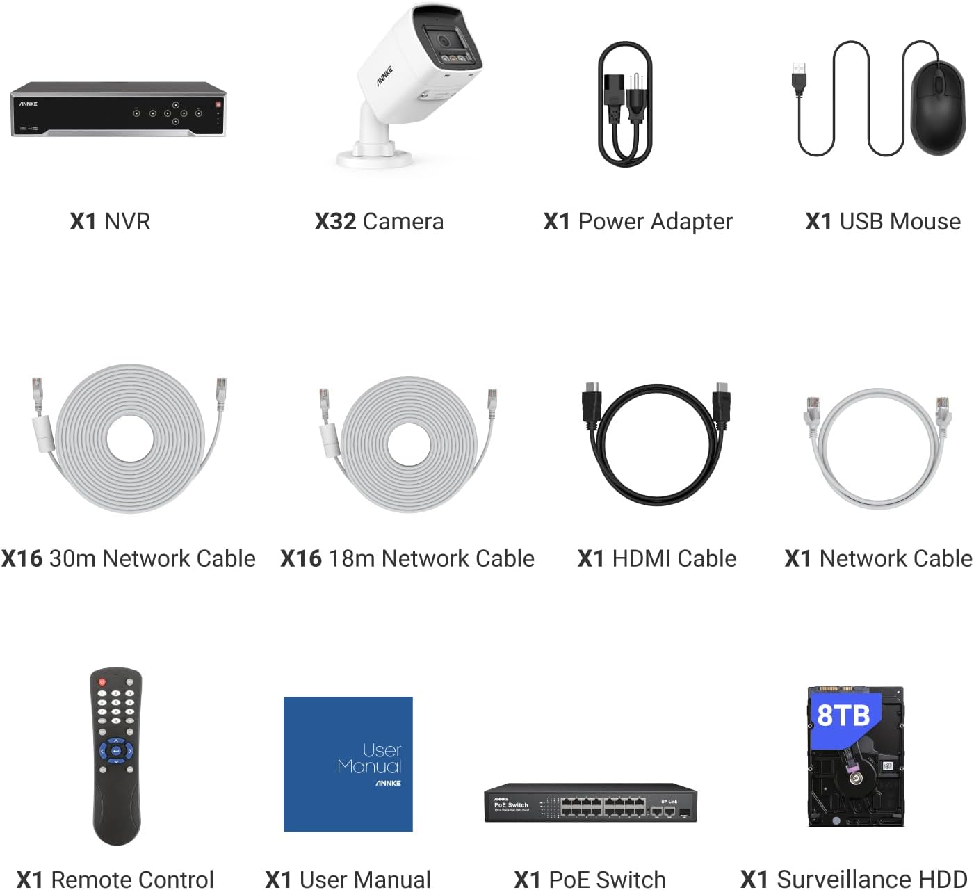 ANNKE 32 Channel 12MP NVR PoE Security Camera System with 8TB Hard Drive, 32Pcs 4K/8MP Surveillance IP Cameras Wired, AI Human Vehicle & 1CH Face Detection, Color Night Vision for 24/7 Recording