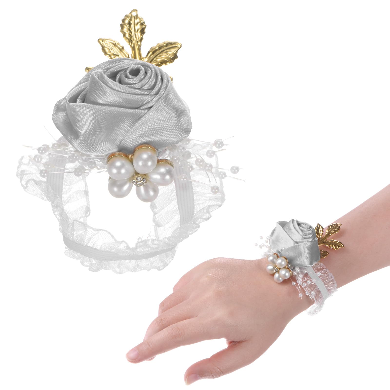 M METERXITY 1-Pack Wrist Corsage Bracelets, Artificial Flower Corsage Wristlets for Wedding/Prom/Party, Wrist Corsages Band Decoration Hand Flower [Light Gray]