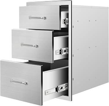 Outdoor Kitchen Drawers 14" W x 21" H x 23" D Stainless Steel Drawer BBQ Triple Drawers with Chrome Handle for Outdoor Kitchen Island, Patio Grill Station