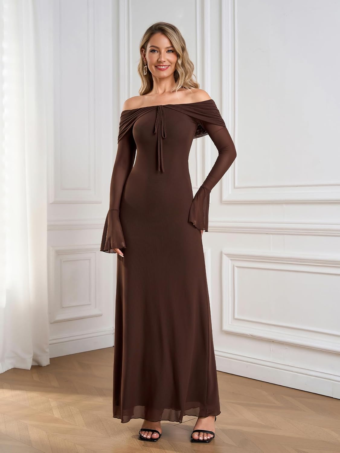 Off Shoulder Long Sleeve Maxi Dress Bodycon Tie Party Formal Wedding Guest Dresses for Women 2026 - Image 6