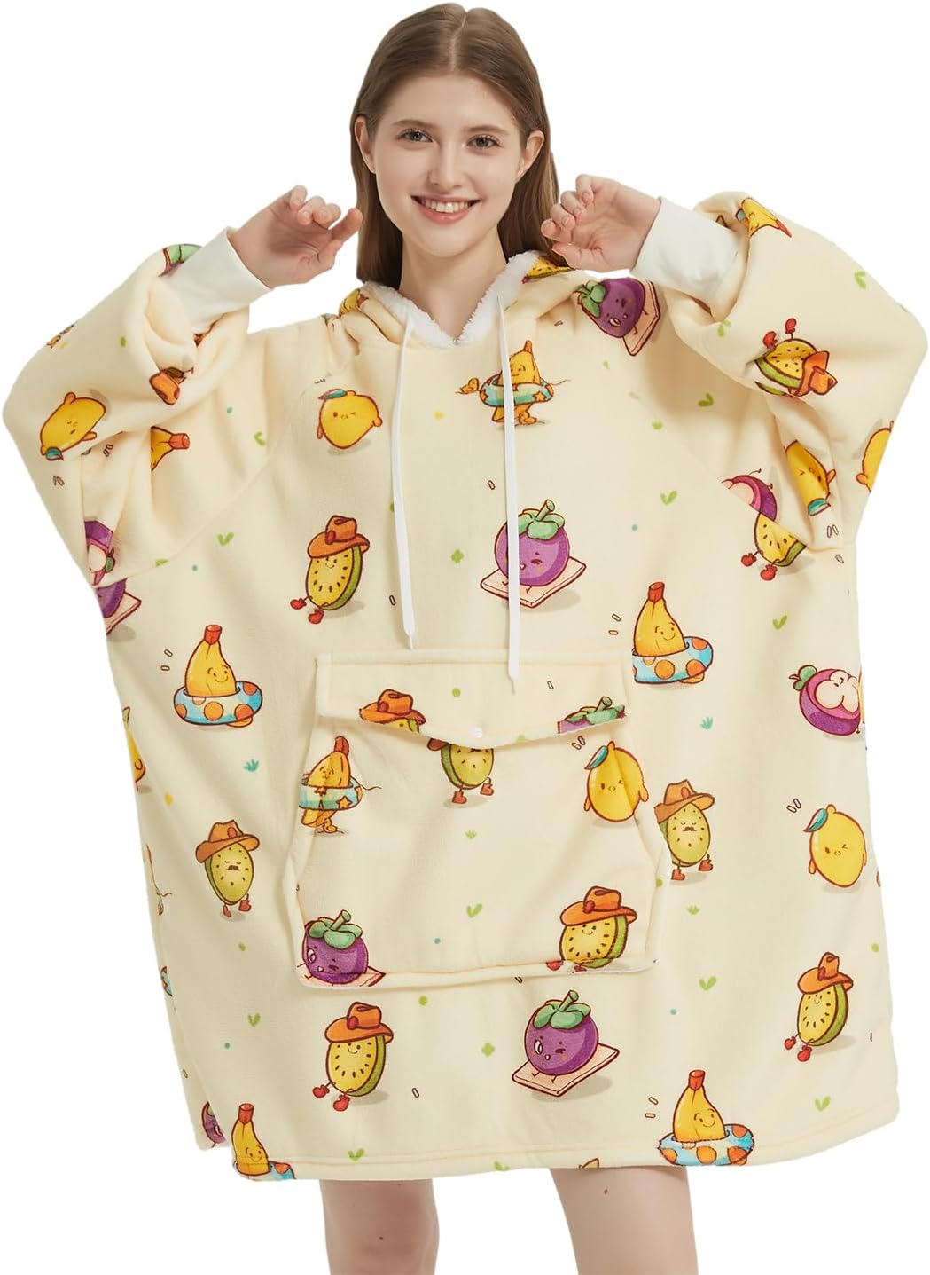 Qeils Wearable Blanket Hoodie for Women, Comfy Sherpa Sweatshirt Blanket as Birthday Christmas Gifts, Oversized Pullover Jacket Blanket Hoodie for Adult (Tropical Fruit, Adult)