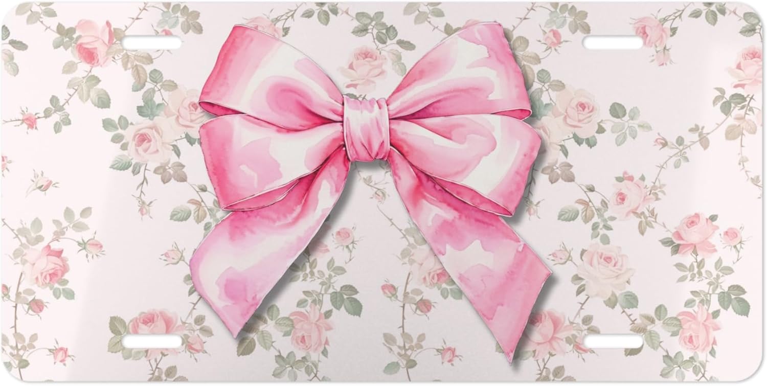 Pink Coquette Bow Car Accessories Front License Plate for Women Floral Cute New Car Driver Gift for Mom Vanity Custom Auto Tag
