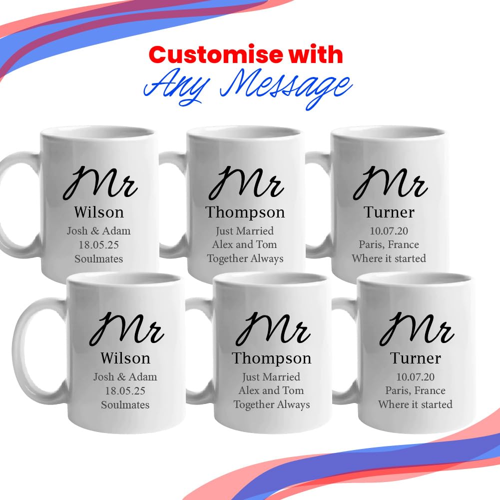 Juego de tazas personalizables con texto en inglés "Mr and Sr", para boda gay con cualquier mensaje y apellido, regalo de aniversario, diseño de fuente elegante, caja de regalo, tazas de 312 ml