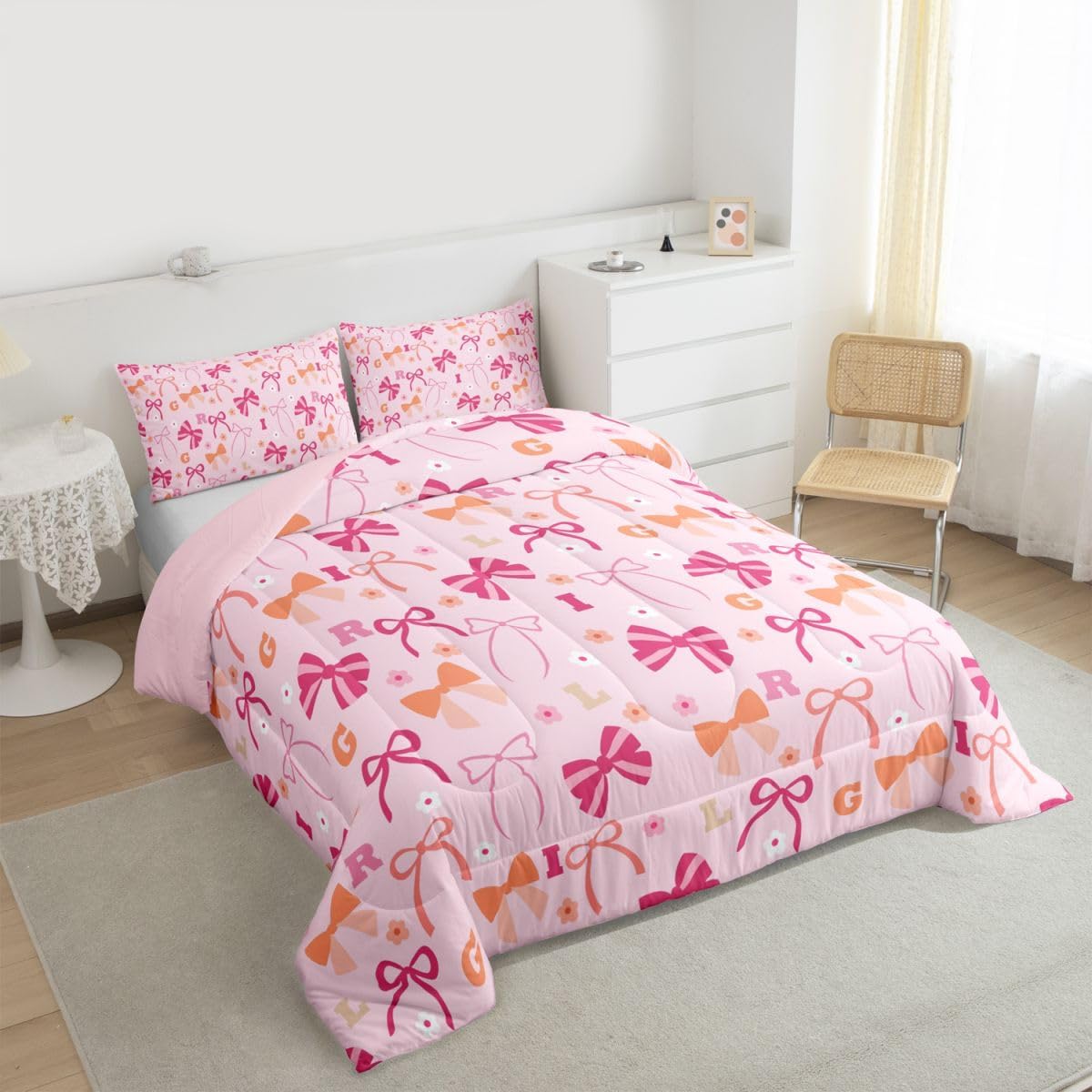 Feelyou Bow Bedding Set Soft for Boys Girls, Floral Comforter Set Twin Size Cute Bowknot Duvet Quilt Microfiber Kawaii Bedroom Decor Personalized Initial Letter 2 Pcs with 1 Pillow Cases