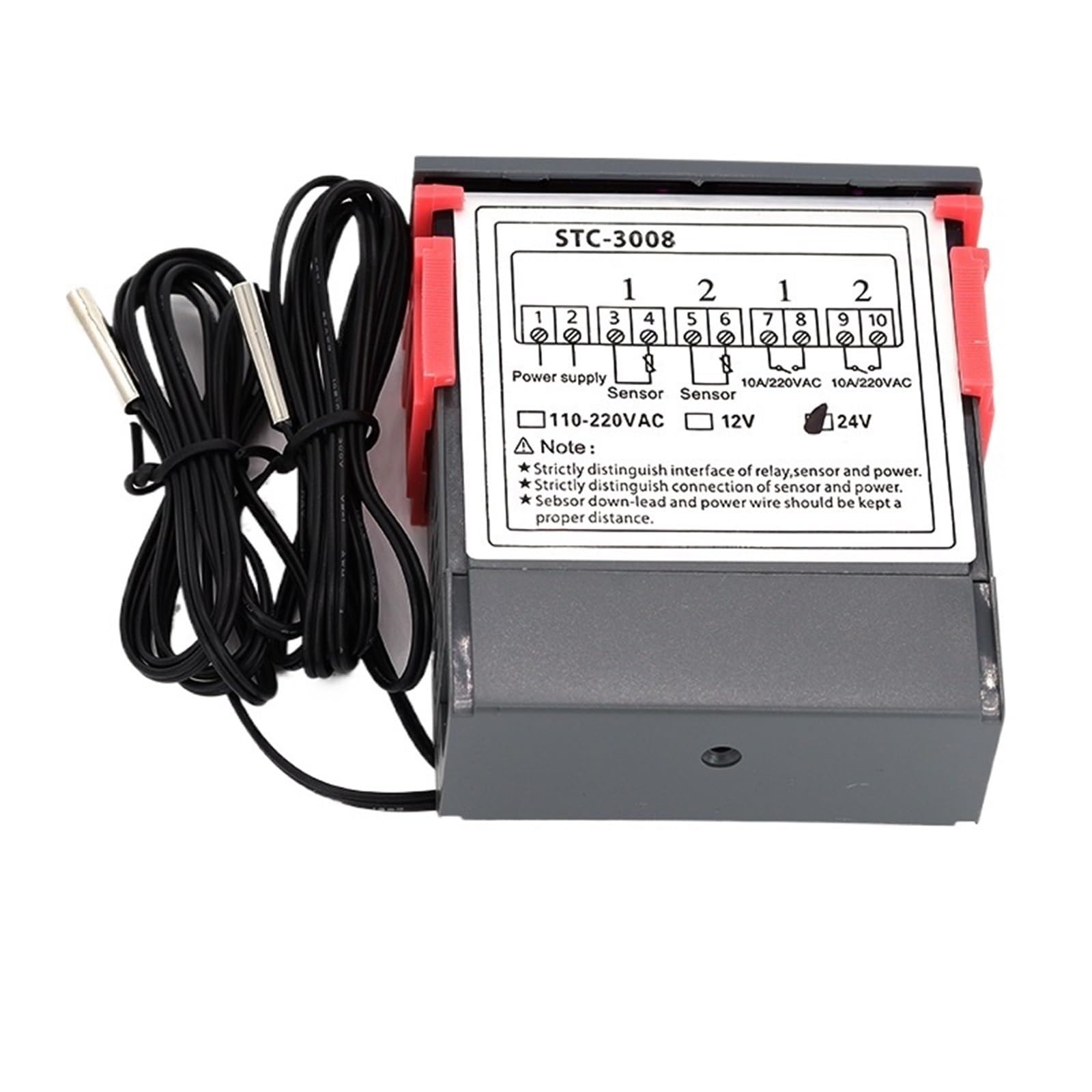 Podwójny cyfrowy kontroler temperatury, dwa przekaźniki, termostat, regulator temperatury 10 A, ogrzewanie, chłodzenie, STC-3008, 12 V, 24 V, 220 V (DC24 V)