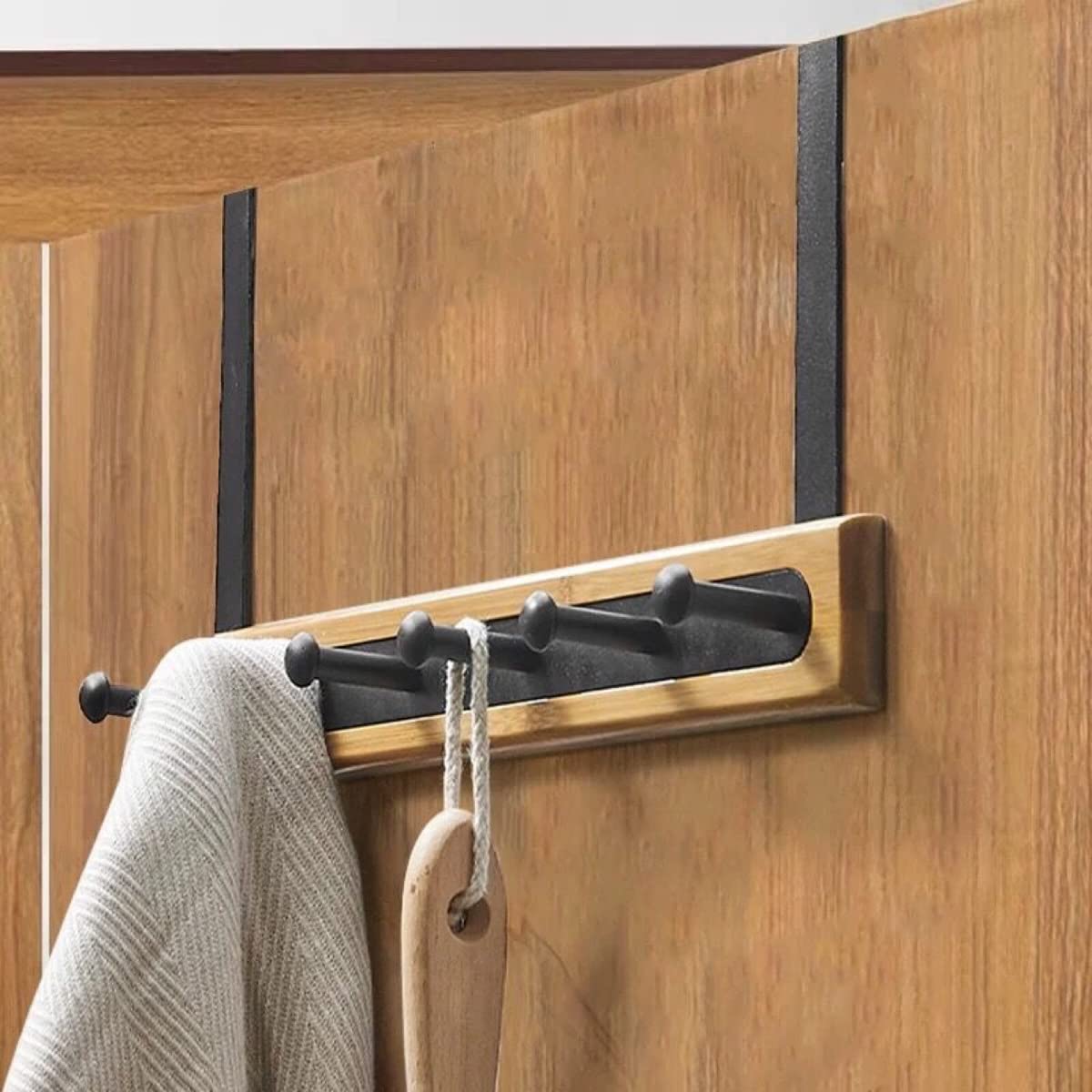 LANMOU Over Door Hanger 40cm (15.7") Over Door Hooks with 6 Hooks Heavy Duty Coat Hook Bamboo Wooden Doors Organizer Rack for Hanging Clothes Keys