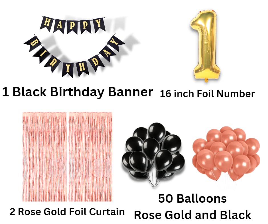 Image of 1st Birthday Decoration items for Girls with Black and Rose Gold Balloons, Black Happy Birthday Banner, Rose Gold Foil Curtain, Foil Balloon number 1