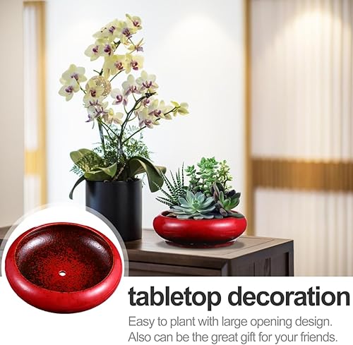 Miniatura 2 de Cabilock Maceta artística retro para suculentas, recipiente de cerámica roja para bonsái, macetas anchas redondas poco profundas para decoración de