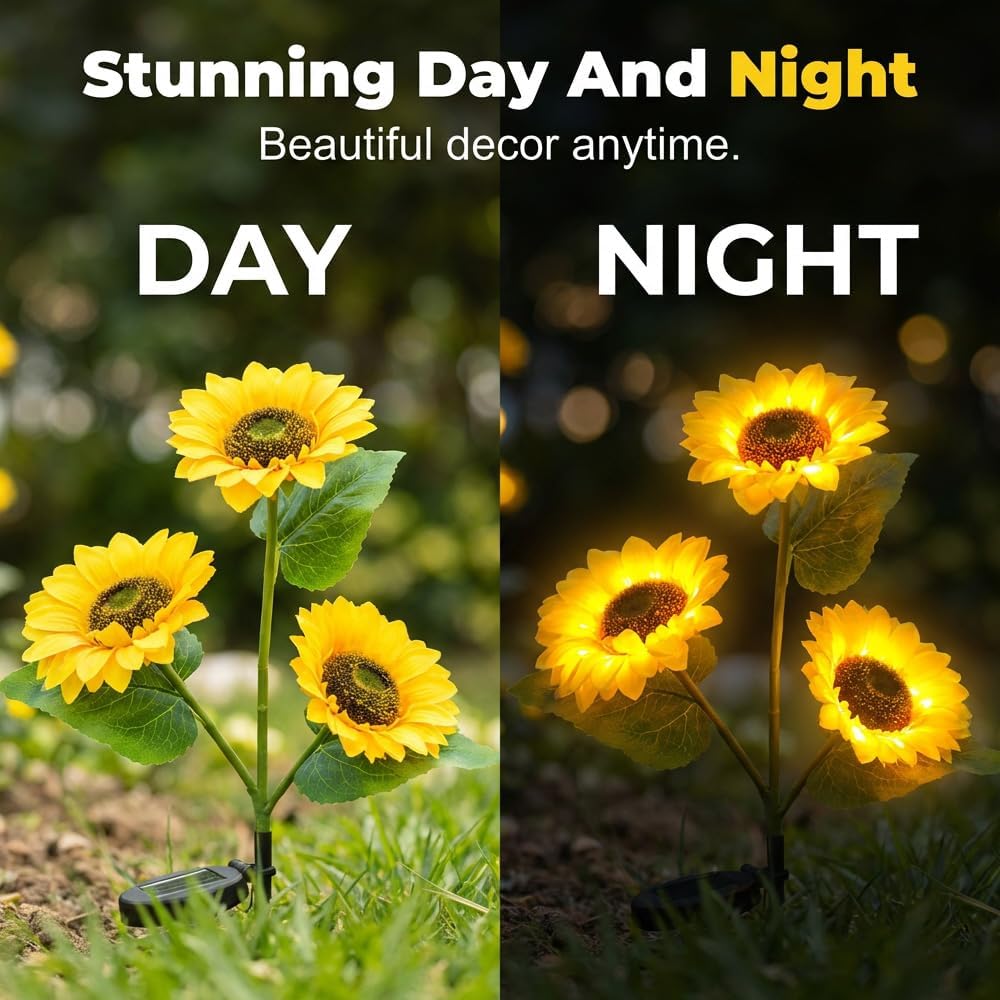 Solar Powered LED Sunflower Garden Lights Set, 2026 Upgraded Solar Lights Outdoor Garden Decor, Outdoor Waterproof Solar Sunflower Gardens Light for Flower Bed Yard Patio Lawn Pathway (3)