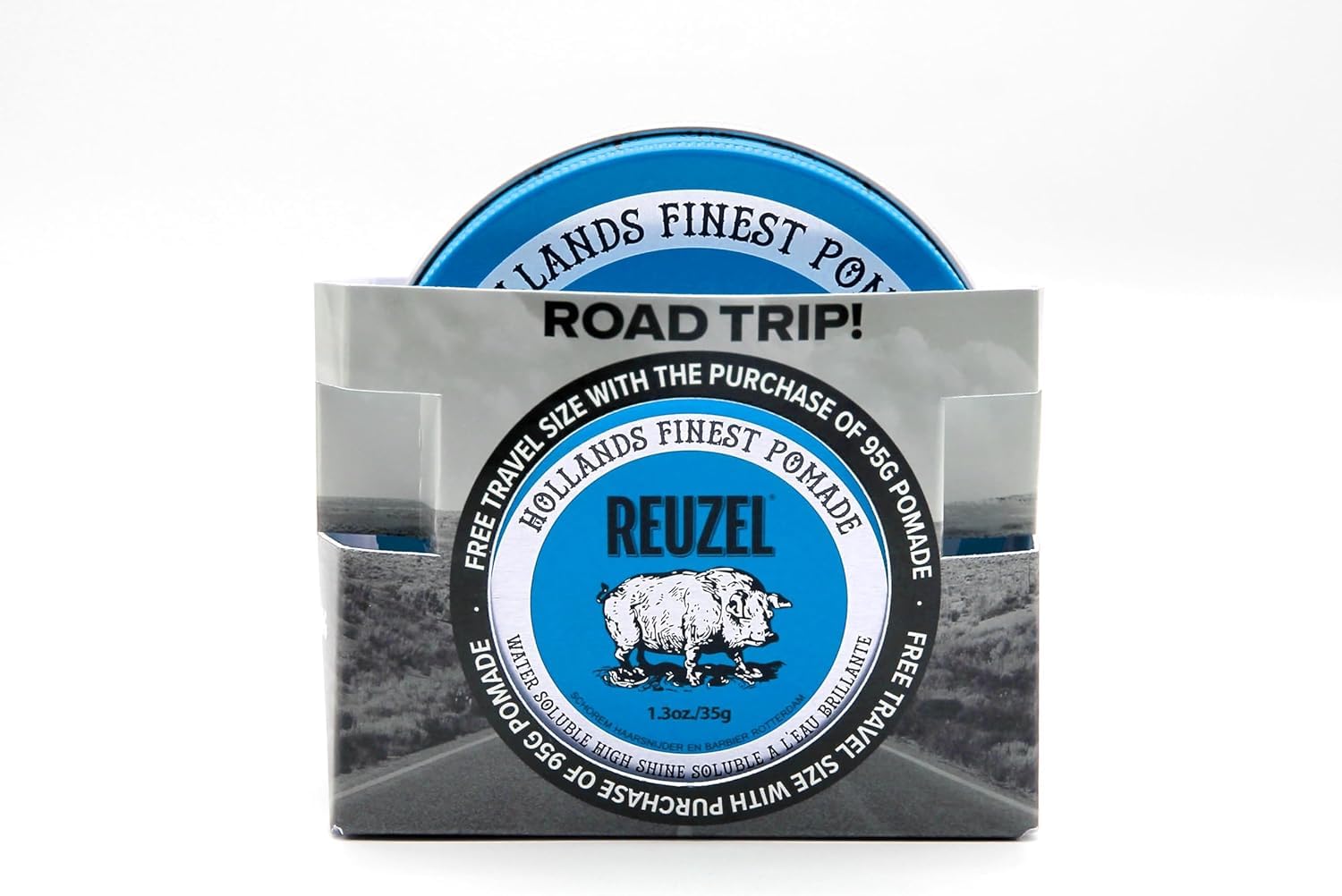 Reuzel 2025 Road Trip, Blue Strong Hold Pomade, Water Soluble for a High Shine Look with a Vanilla Scent 95g + Free Travel Size 35g
