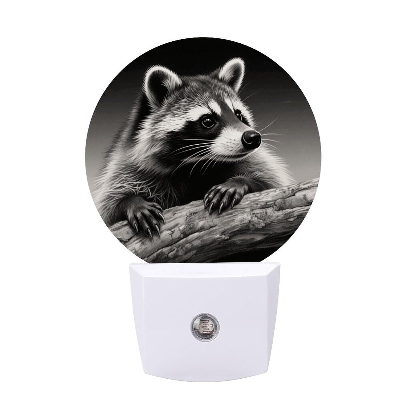 FodPand Night Light Plug Into Wall with Dusk to Dawn Sensor 0.5w Modern LED Raccoon Black Plug in Night Lamp Warm White Glow Nightlight for Bedroom Hallway Kitchen Bathroom Stairs Corridor(Round)