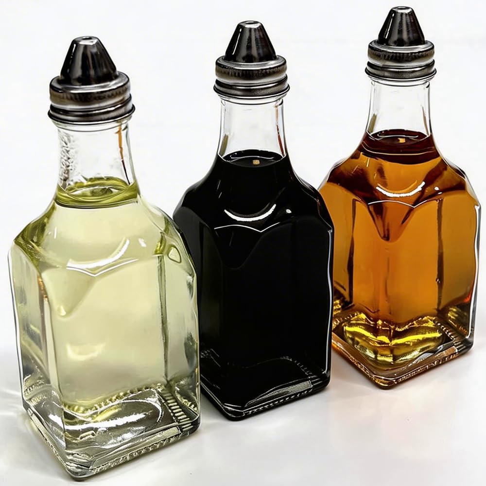 Glass Oil and Vinegar Bottle Set, 6 Ounce Square Glass Bottles, Stainless Steel Lid, 2 Piece Set, Kitchen Spice Dispenser Bottle (2) image 4