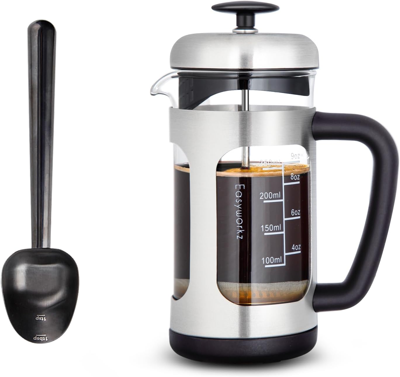Easyworkz Stainless Steel Long Hollow Handle Coffee Scoop,7g Measuring Spoon, Gunmetal Black, Bundled with Easyworkz Stainless Steel French Press 12 oz Coffee Tea Maker with Soft Grip Handle