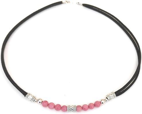 Boho Western Choker Soft Pink Gemstone Bead Surfer Style Black Micro Cord Double Strand Necklace 17 Inch Rhodochrosite Gift Boxed