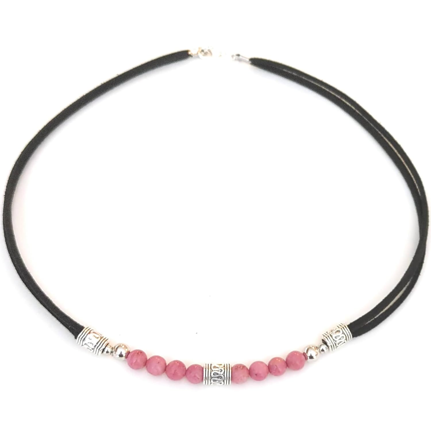 Boho Western Choker Soft Pink Gemstone Bead Surfer Style Black Micro Cord Double Strand Necklace 17 Inch Rhodochrosite Gift Boxed