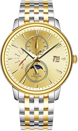 Moon Phase Mens Business Automatic Mechanical Watch Light Gold Silver Stainless Steel Two-Tone Watch Two-Tone Gold Dial, Two-Tone Gold Dial, Bracelet Type