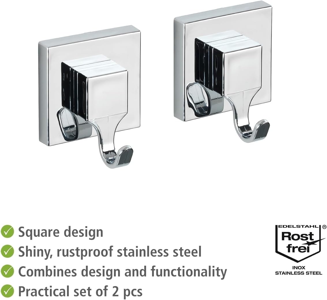 Wenko "Quadro Wall Hooks with Vacuum-Loc, Silver, 2-Piece
