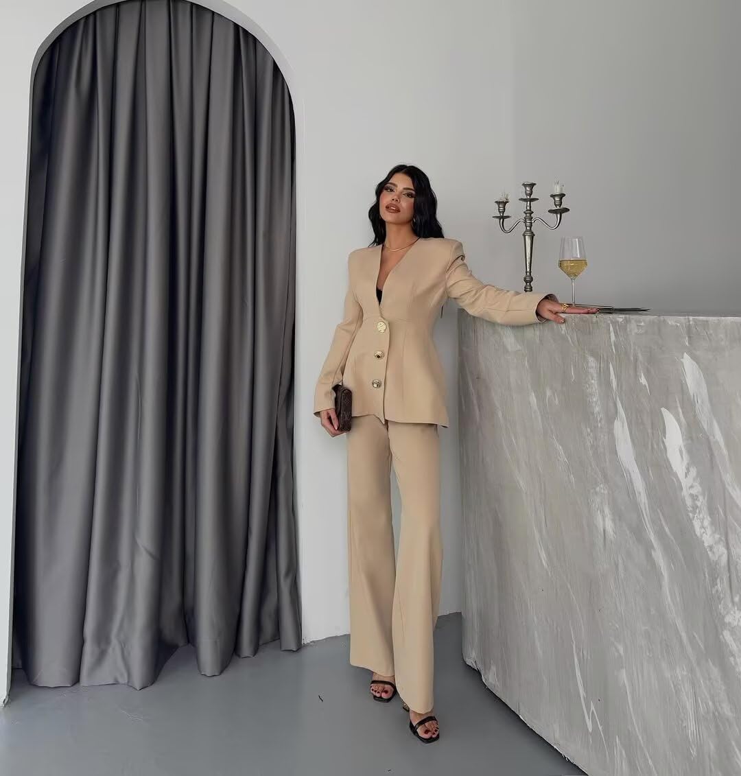Gen Women’s Long 2 Piece Suit Jacket+Pants Slim Fit 1 Button High Street Luxury Womens Clothing Pant Set