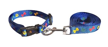 RvPaws Dog Collar and Leash Set Puppy Printed, Adjustable Nylon Collar with Leash for Small and Medium Dogs, Quick Release and Breathable Collar Set, Suitable for Dog & Cat 15 MM (Blue)