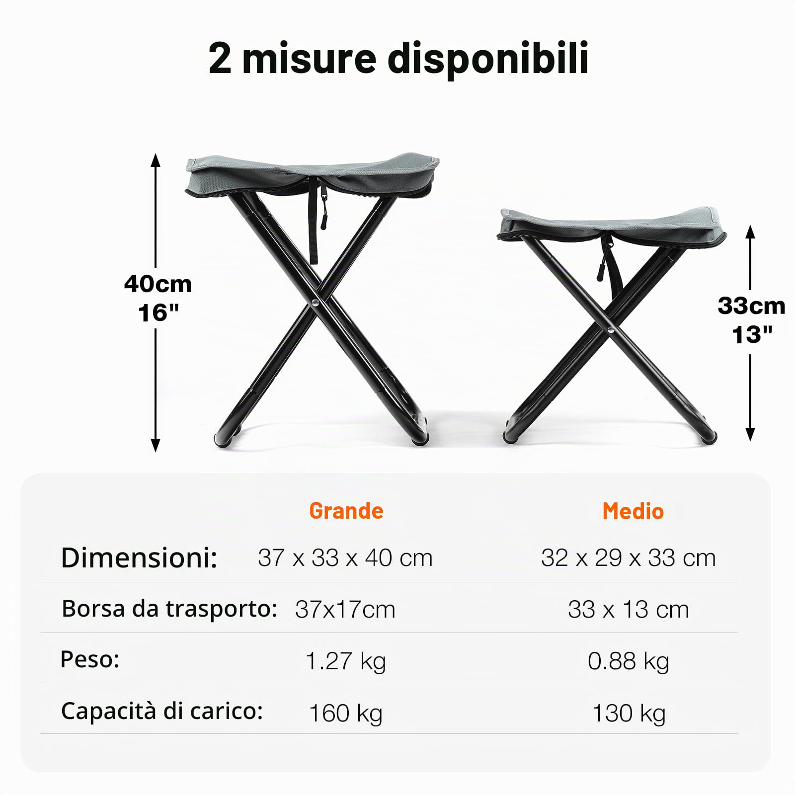 Sgabello pieghevole leggero da campeggio 40,6 cm, con borsa portaoggetti, per adulti, poggiapiedi 158,8 kg