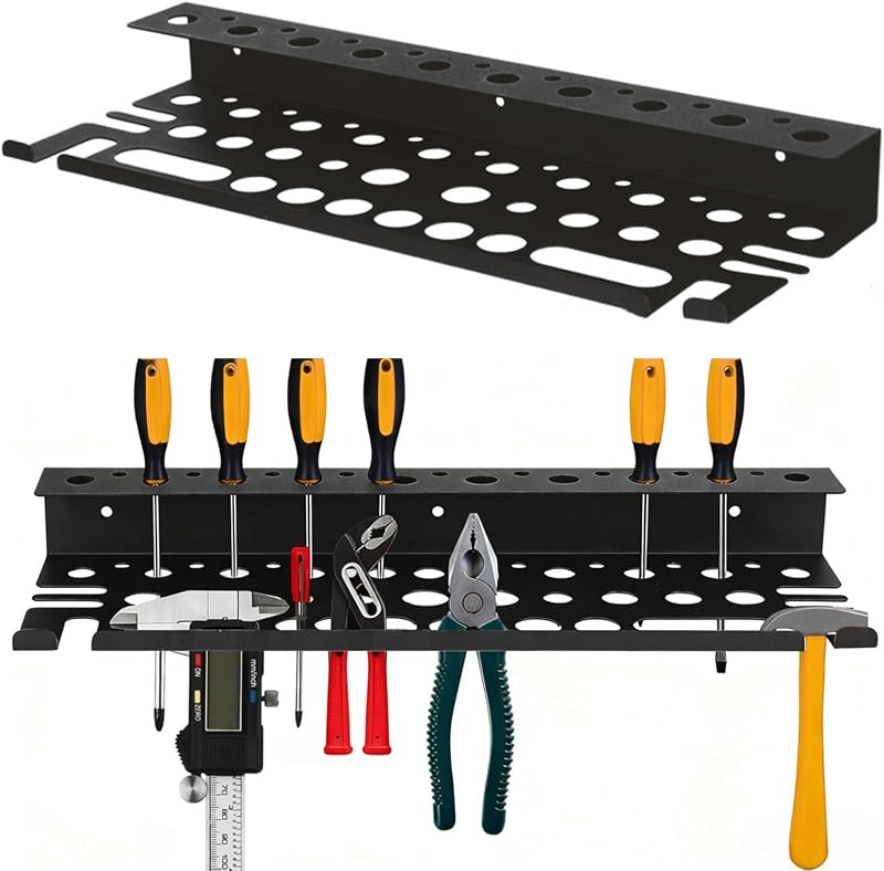 Metal Screwdriver Organizer, 15.75inch Utility Wall Mount Tool Organizer for Screwdrivers Pliers Holder with 35 Holes, Hand Tool Storage Rack for Workbench, Garage, Warehouse (Black, 2 Layers)