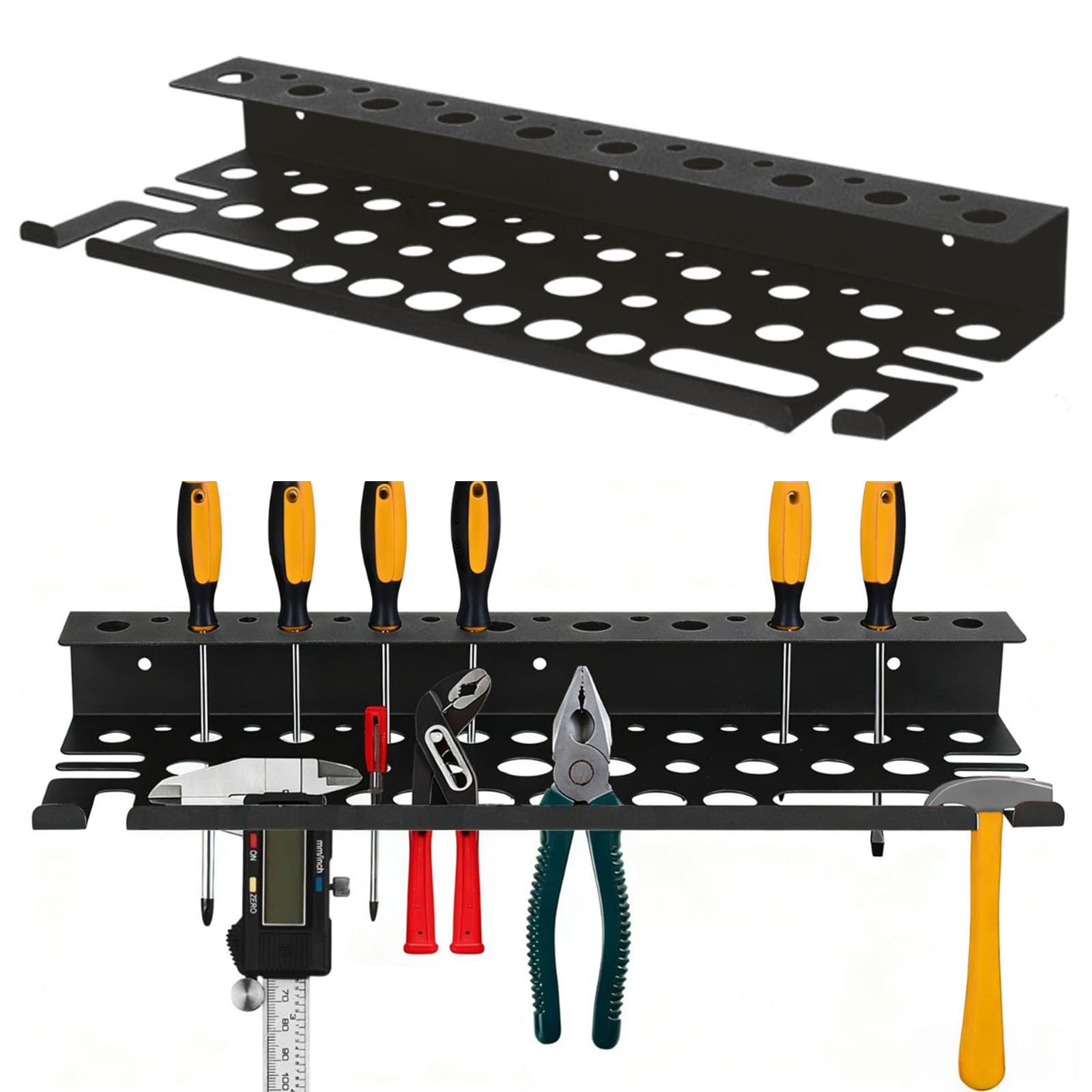 Metal Screwdriver Storage Holder, 15.75inch Utility Wall Mount Tool Organizer for Screwdrivers Pliers Holder with 35 Holes, Tool Storage Rack for Workbench, Garage, Warehouse (Black, 2 Layers)