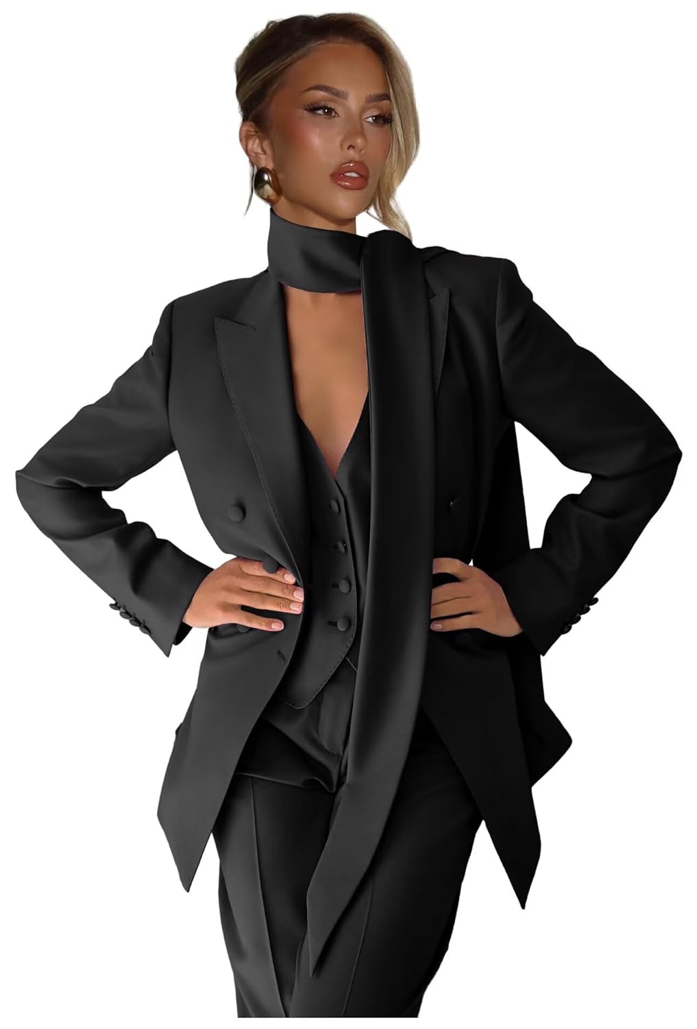 Elegant Pant Suits for Women Dressy 3 Piece Womens Suit with Scarf Casual Double Breasted Tuxedo for Wedding